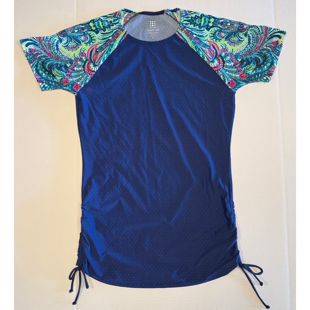 Title Nine Navy Paisley Raglan Rashguard Swim Top w/ Side Cinch XL